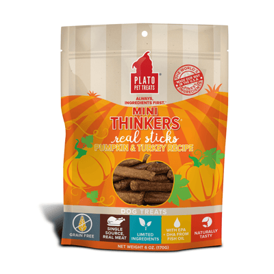 Plato Pet Treats Mini Thinkers Grain Free Pumpkin & Turkey Meat Stick Dog Treats - 85g - Dog Treats - Plato Pet Treats - PetMax Canada