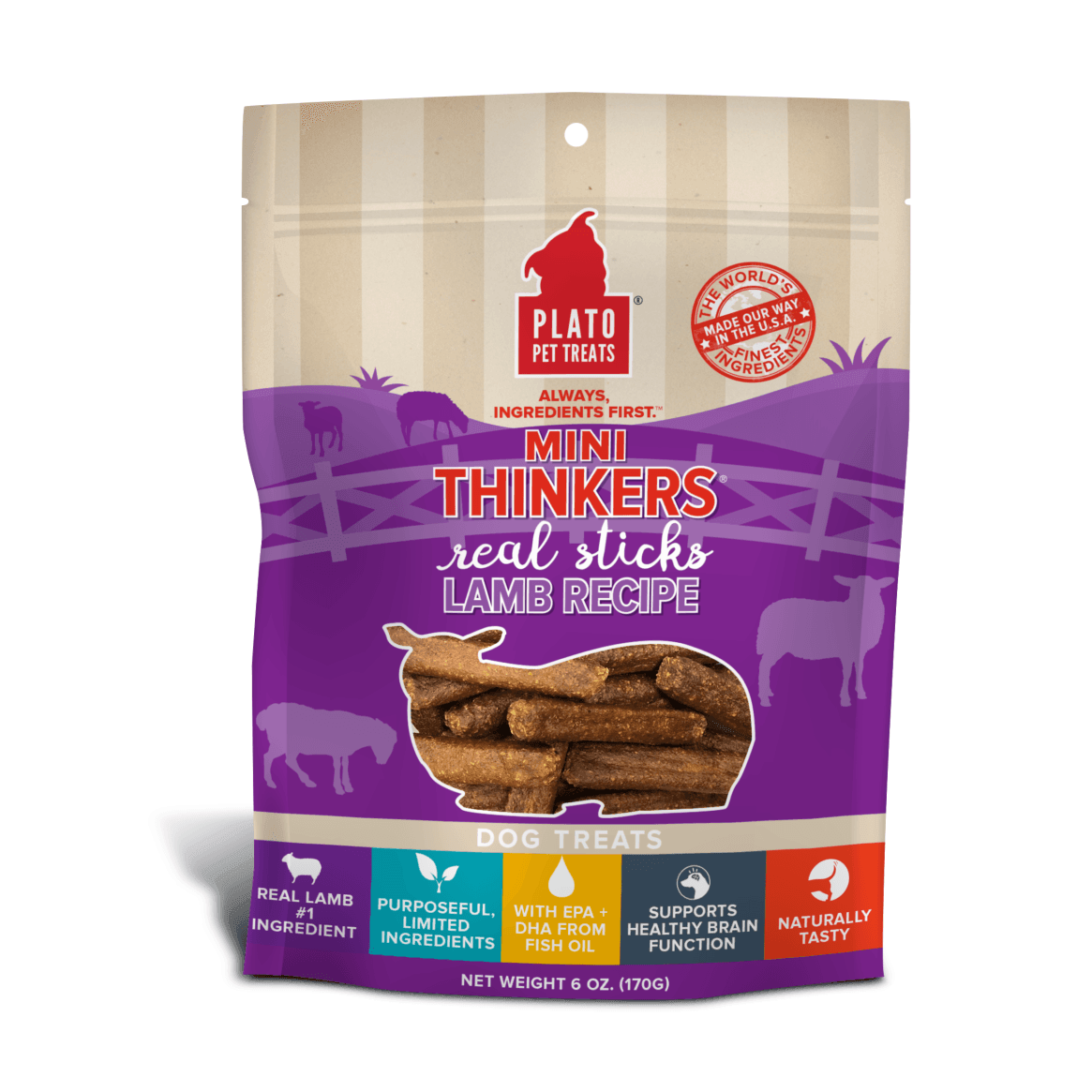 Plato Pet Treats Mini Thinkers Lamb Meat Stick Dog Treats - 85g - Dog Treats - Plato Pet Treats - PetMax Canada