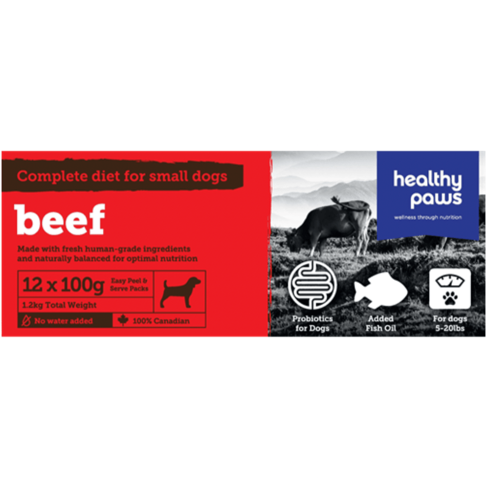 Healthy Paws Raw Dog Food Complete Small Dog Dinner Beef Recipe - 12 x 100g - Raw Dog Food - Healthy Paws - PetMax Canada