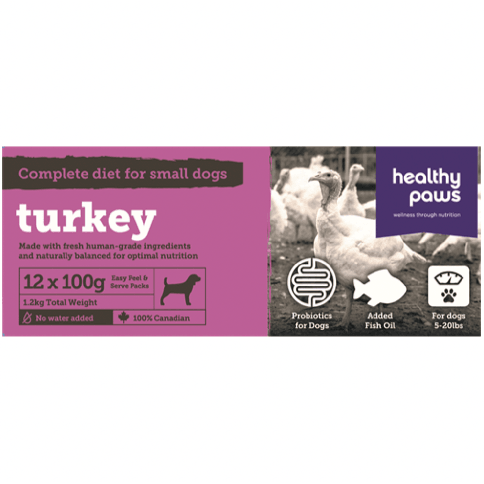 Healthy Paws Raw Dog Food Complete Small Dog Dinner Turkey Recipe - 12 x 100g - Raw Dog Food - Healthy Paws - PetMax Canada