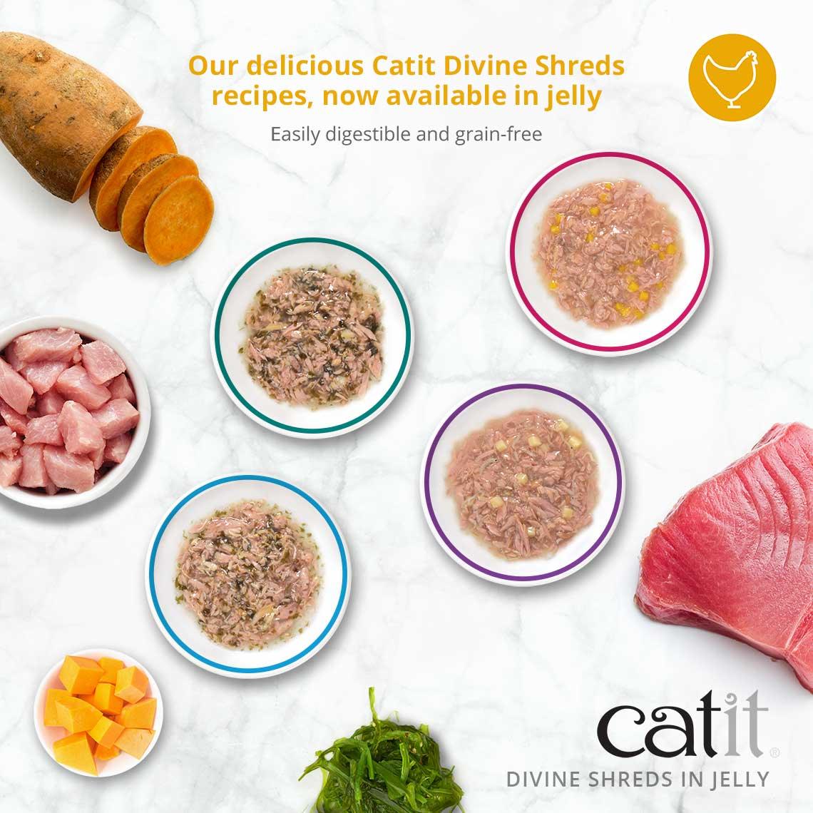 Catit Divine Shreds Tuna, Shirasu & Sweet Potato In Jelly 4 Pack  Canned Cat Food  | PetMax Canada