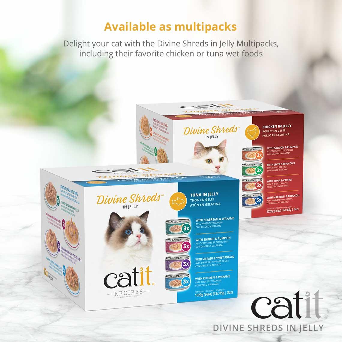 Catit Divine Shreds Tuna, Shirasu & Sweet Potato In Jelly 4 Pack  Canned Cat Food  | PetMax Canada