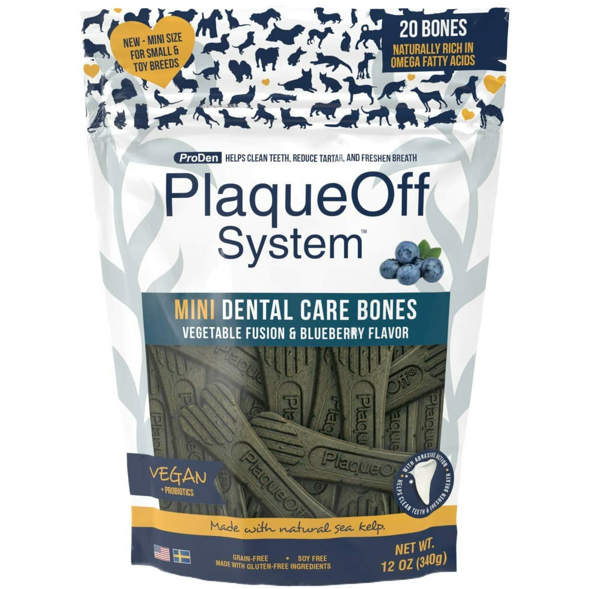 Plaque Off System Dental Vegetable & Blueberry Bones Mini  Dog Treats  | PetMax Canada