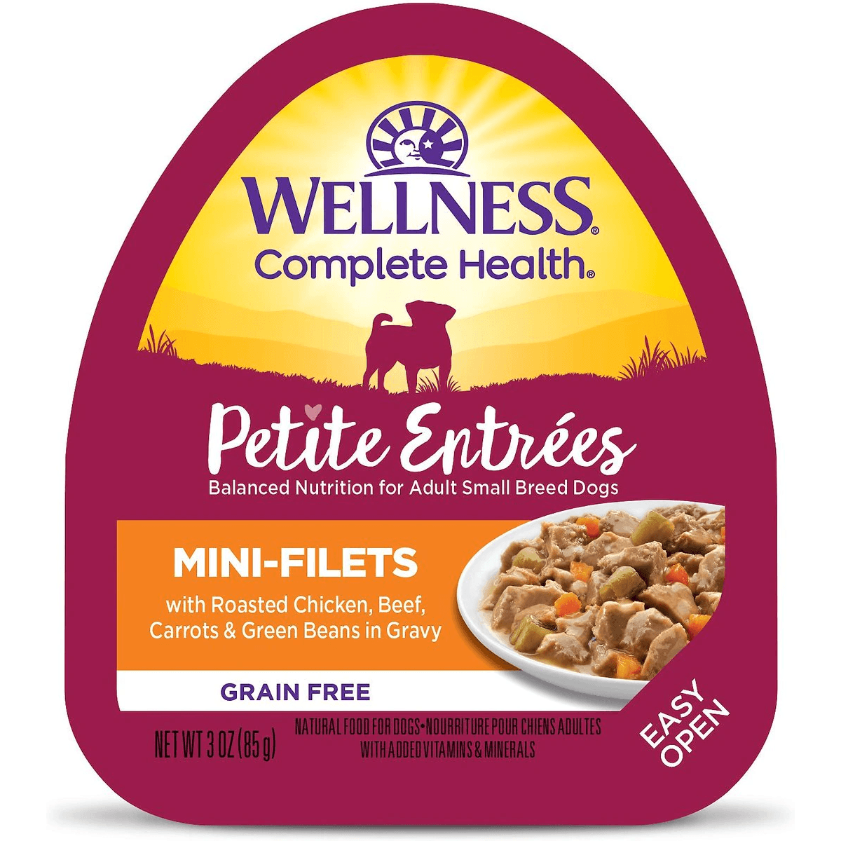 Wellness Petite Entrées Roasted Beef, Chicken, Beef, Carrots & Green Beans in Gravy Wet Small Breed Dog Food - 85g - Canned Dog Food - Wellness - PetMax Canada
