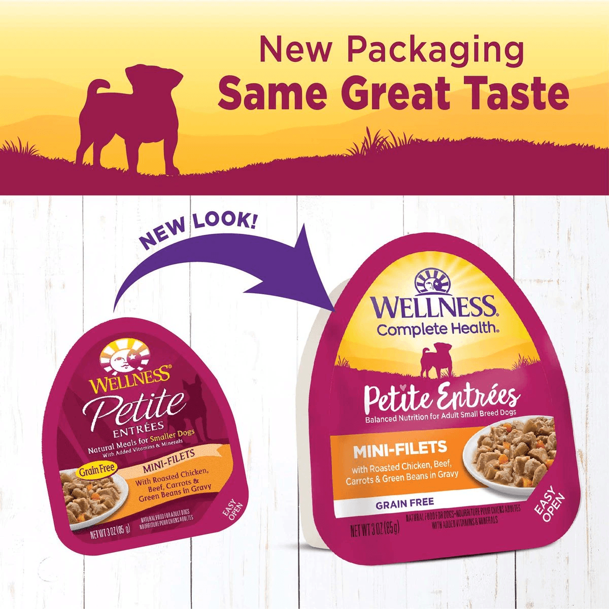 Wellness Petite Entrées Roasted Beef, Chicken, Beef, Carrots & Green Beans in Gravy Wet Small Breed Dog Food - 85g - Canned Dog Food - Wellness - PetMax Canada