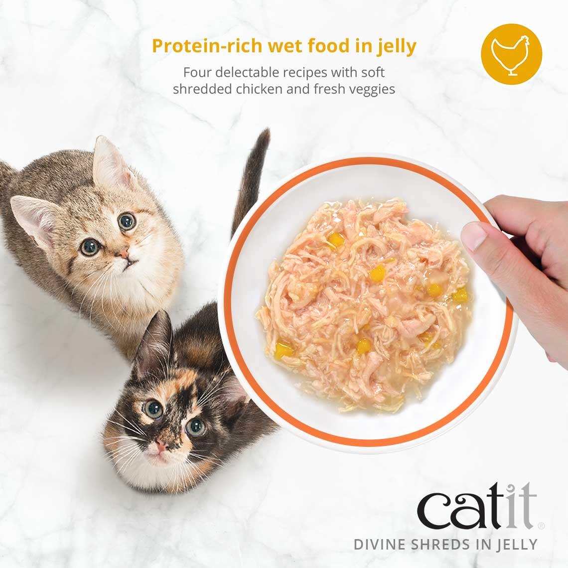 Catit Divine Shreds Chicken, Salmon & Pumpkin In Jelly 4 Pack  Canned Cat Food  | PetMax Canada