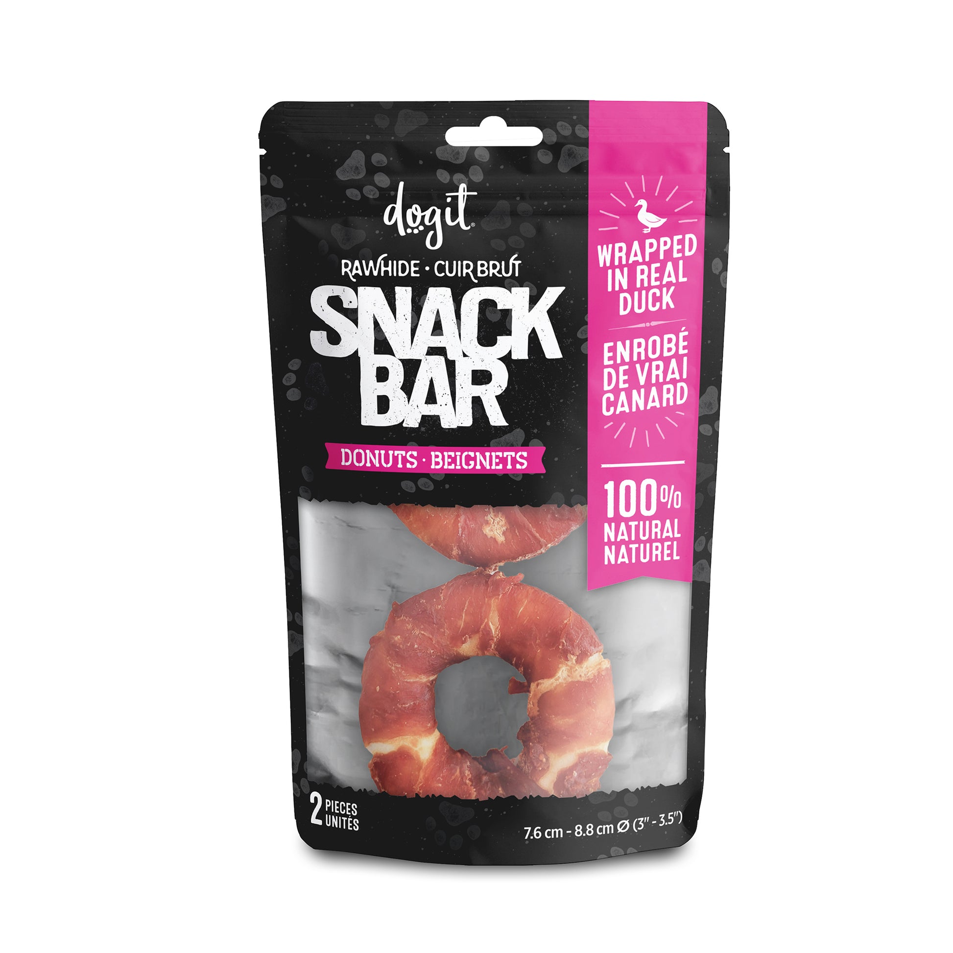 Dogit Snack Bar Dog Treats Duck Rawhide Donut Small: 8cm / 2 Pack Dog Treats Small: 8cm | PetMax Canada